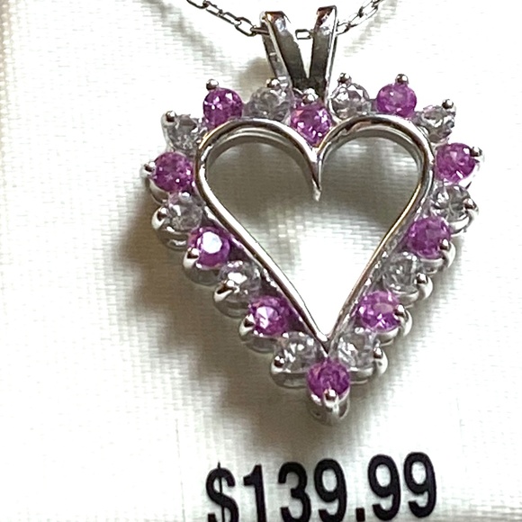 Sterling Silver Heart Shaped Lab Created White & Pink Sapphire Necklace - Picture 3 of 7